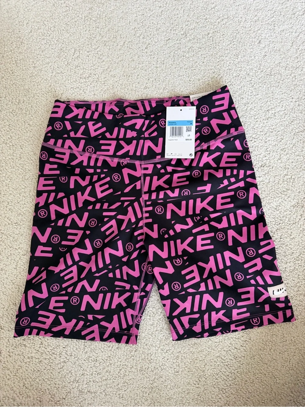 Nike Black & Pink Allover Logo High-Waist Bike Shorts 7”
